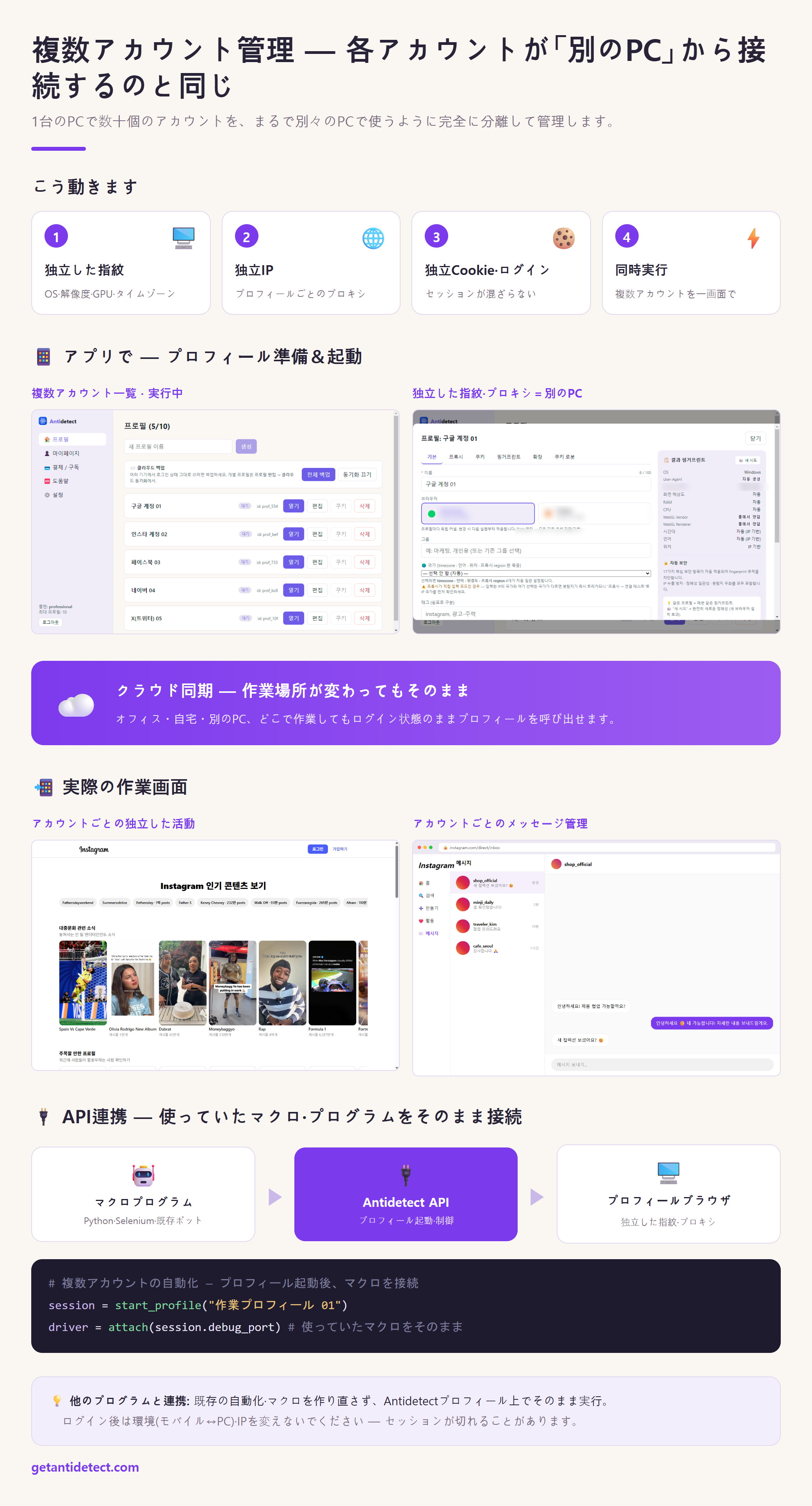 複数アカウント管理 — 各アカウントが「別のPC」と同じ